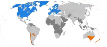 World map. Europe, most of North America, parts of southern South America and southeastern Australia, and a few other places use DST. Most of equatorial Africa and a few other places near the equator have never used DST. The rest of the landmass is marked as formerly using DST.