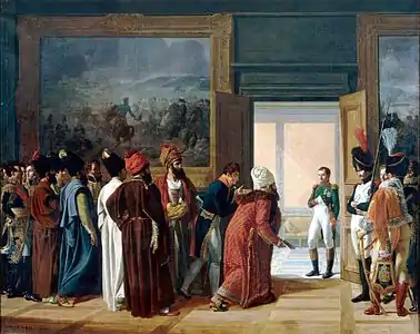 l'ambassadeur de Perse et sa suite en costume persan, présente ses lettres de créances à Napoléon, visible dans l'embrasure d'une porte