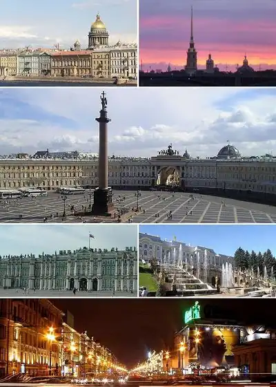De haut en bas, de gauche à droite&nbsp;: le quai des Anglais et la cathédrale Saint-Isaac ; la forteresse Pierre-et-Paul et la cathédrale Pierre-et-Paul ; la place du Palais avec la colonne d'Alexandre ; le palais d'Hiver ; Peterhof ; la perspective Nevski de nuit.