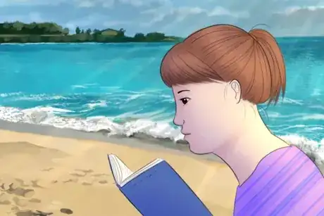 Gambar berjudul Girl with Down Syndrome Reads At Beach.png