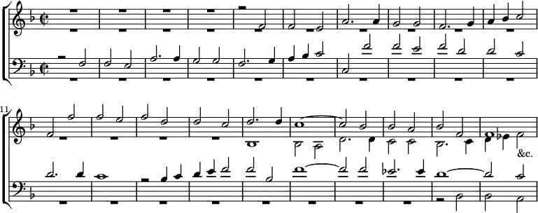 \new ChoirStaff <<
\new Staff \relative f' { \key f \major \time 2/2 <<
{ R1*4 r2 f | f e | a2. a4
g2 g | f2. g4 | a bes c2 | f, f' | f e | f d | d c |
d2. d4 | c1 ~ | c2 bes | bes a | bes f | f1 } \\
{ R1*14 bes,1 bes2 a | d2. d4 |
c2 c | bes2. c4 | d ees f2_"&c." } >> }
\new Staff \relative f { \key f \major \clef bass <<
{ r2 f | f e | a2. a4 | g2 g | f2. g4 | a bes c2 | c, f' |
f e | f d | d c | d2. d4 | c1 | r2 bes4 c | d e f2 |
f bes, | f'1 ~ f2 f | ees2. ees4 | d1 ~ | d2 c } \\
{ R1*18 r2 bes, | bes a } >> } >>