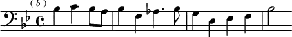 \relative b { \clef bass \key bes \major \time 4/4 \partial 2. \mark \markup \tiny { ( \italic b ) } bes4 c bes8 a | bes4 f aes4. bes8 | g4 d ees f | bes2 }