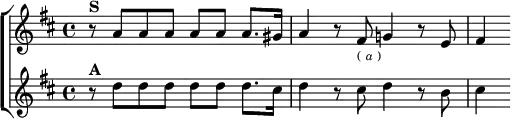 \new ChoirStaff <<
\new Staff \relative a' { \key d \major \time 4/4
r8^\markup \bold "S" a a a a a a8. gis16 |
a4 r8 fis_\markup \tiny { ( \italic a ) } g!4 r8 e | fis4 }
\new Staff \relative d'' { \key d \major
r8^\markup \bold "A" d d d d d d8. cis16 |
d4 r8 cis d4 r8 b | cis4 } >>
