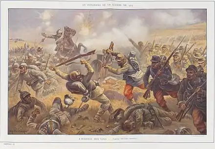 Tableau montrant une charge de fantassins français mettant en fuite des Allemands, un d'entre-eux au premier plan se faisant éventrer par une baïonnette.
